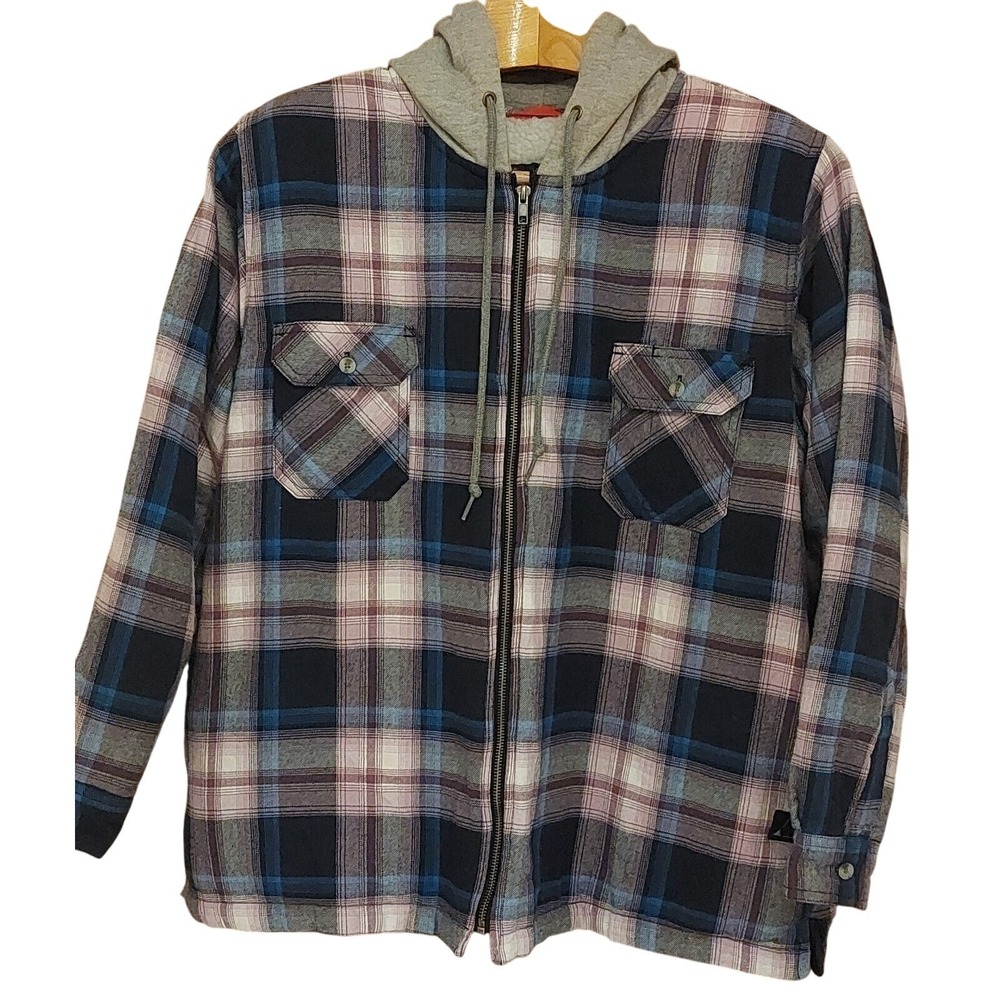 AW Outfitters Mens 1X Hooded Flannel Jacket Plaid Sherpa Lined ZipUp Blue Purple